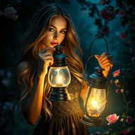 A beautiful woman with long flowing hair, gracefully holding the handle of an antique lantern, casting a warm and inviting light over a stunningly beautiful scene in the dark