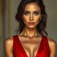 A realistic portrait of a woman with natural facial features, wearing a striking red dress with a deep neckline