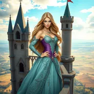 A stunning and powerful princess with long, flowing hair and captivating blue eyes, confidently standing on the balcony of a majestic castle tower