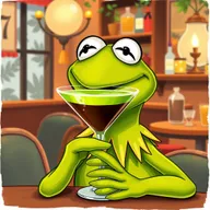 A charming illustration of Kermit the Frog delightfully drinking an espresso martini served in an elegant coupe glass