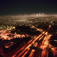 Create a Lo-Fi style illustration of the night view of Los Angeles, with a focus on the boulevard, suitable for an album cover.