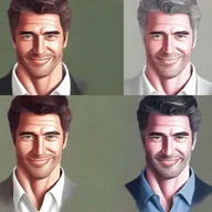 Create a detailed digital art illustration of a handsome businessman with dark brown hair and grey eyes