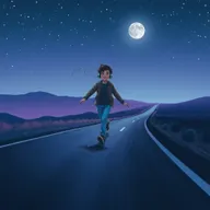 A nostalgic night scene featuring an endless road in motion, with a person animatedly walking while listening to music through headphones