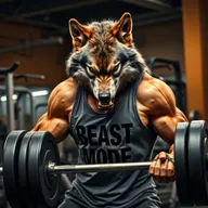 A powerful and angry wolf in a gym setting, aggressively lifting a heavily loaded barbell