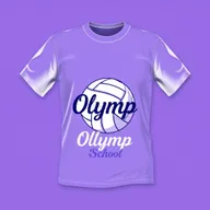 A vibrant t-shirt design for a volleyball school named 'Olymp', showcasing the school's emblem and crest