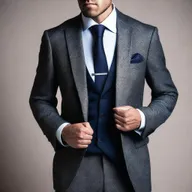 Create an image of a person in a stylish business suit in the process of undressing
