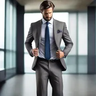 Create an image of a person in a stylish business suit in the process of undressing