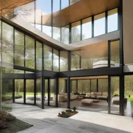 Large, spacious house with expansive glass windows.