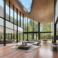 Large, spacious house with expansive glass windows.