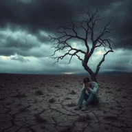 A somber, melancholic landscape featuring dark clouds looming over a barren, desolate field